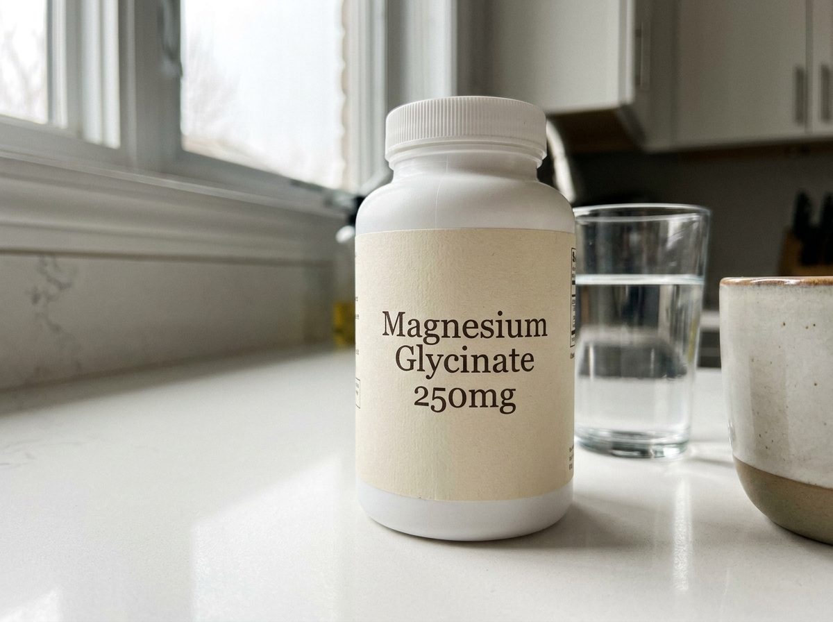 Magnesium glycinate bottle on the kitchen counter